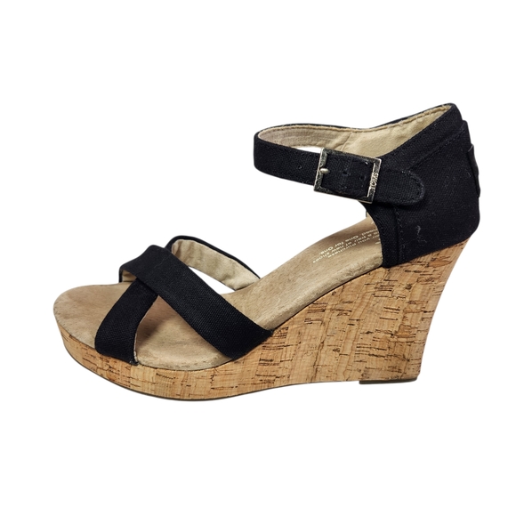 TOMS Women's Clarissa Black Canvas Cork Wedge Sandals Size 7.5 Ankle Strap Heels - Picture 1 of 14